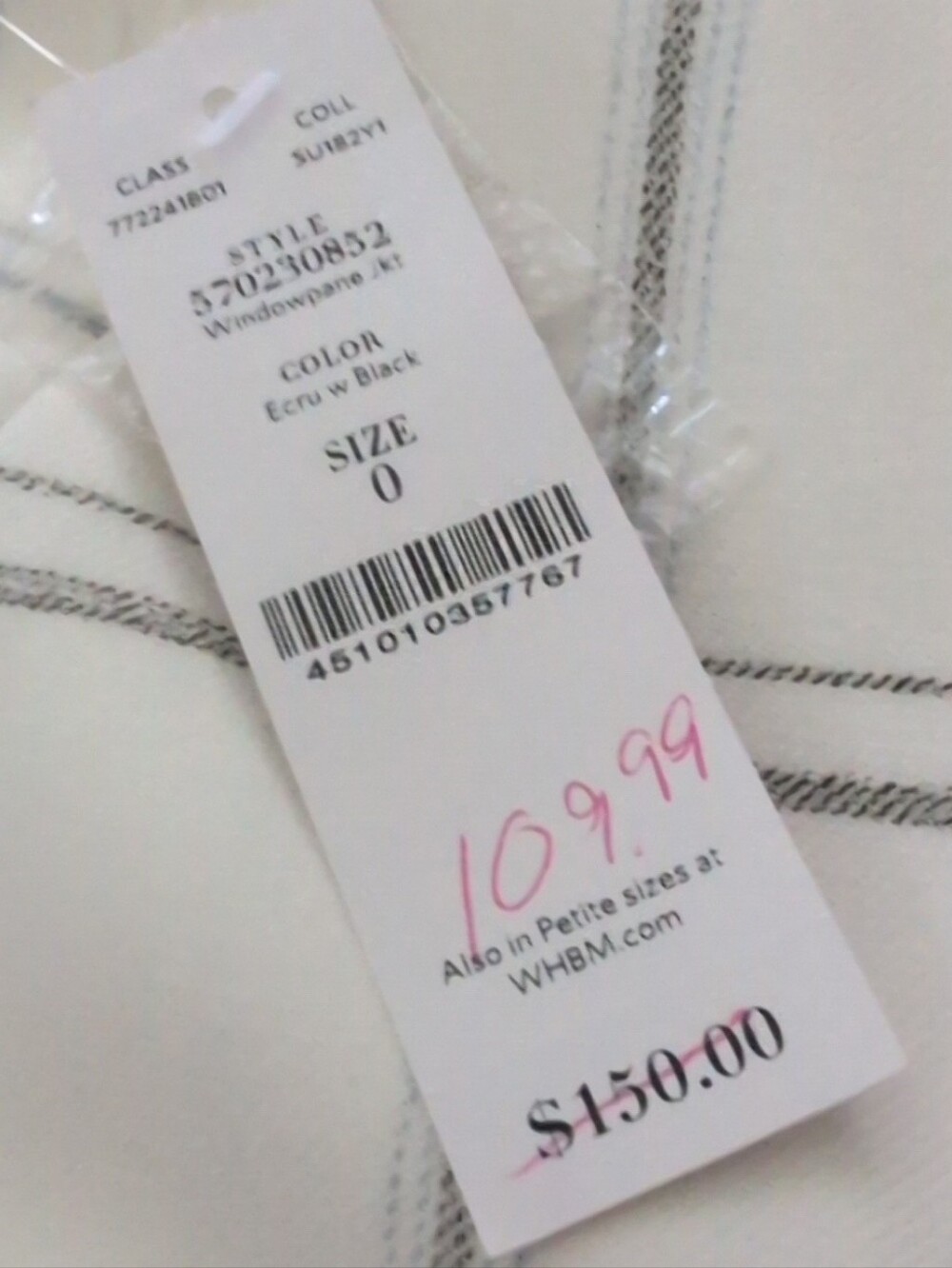 White House Black Market Dropped Front Windowpane Plaid White/ Grey Jacket - Picture 9 of 10